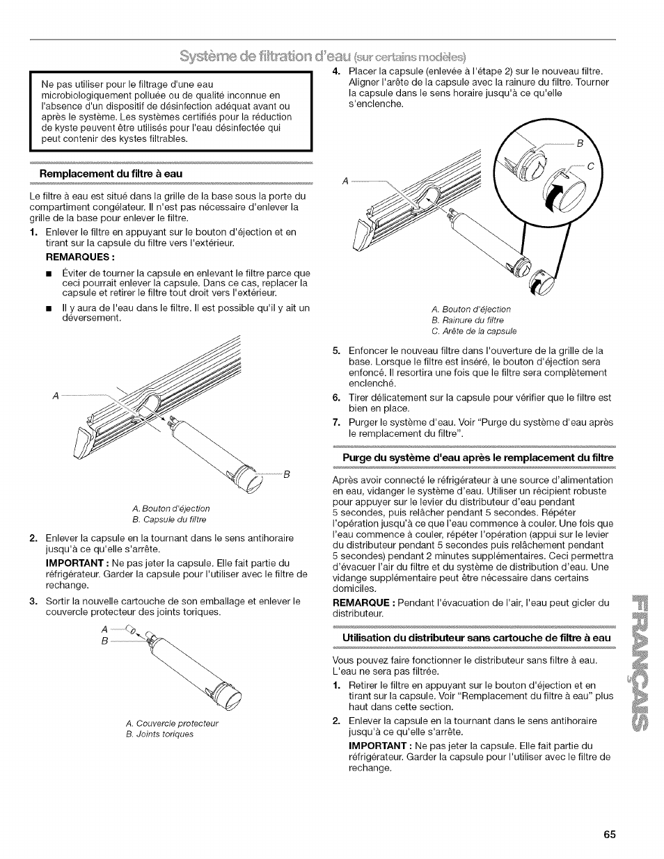 Remplacement du filtre à eau, Remarques, Fsur certains | Système de fittraion d’eay | Kenmore WI0151336A User Manual | Page 65 / 80