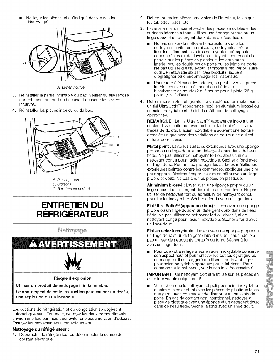 Entretien du réfrigérateur, Risque d'explosion, Utilisation du réfrigérateur | Lacie | Kenmore WI0151336A User Manual | Page 71 / 80