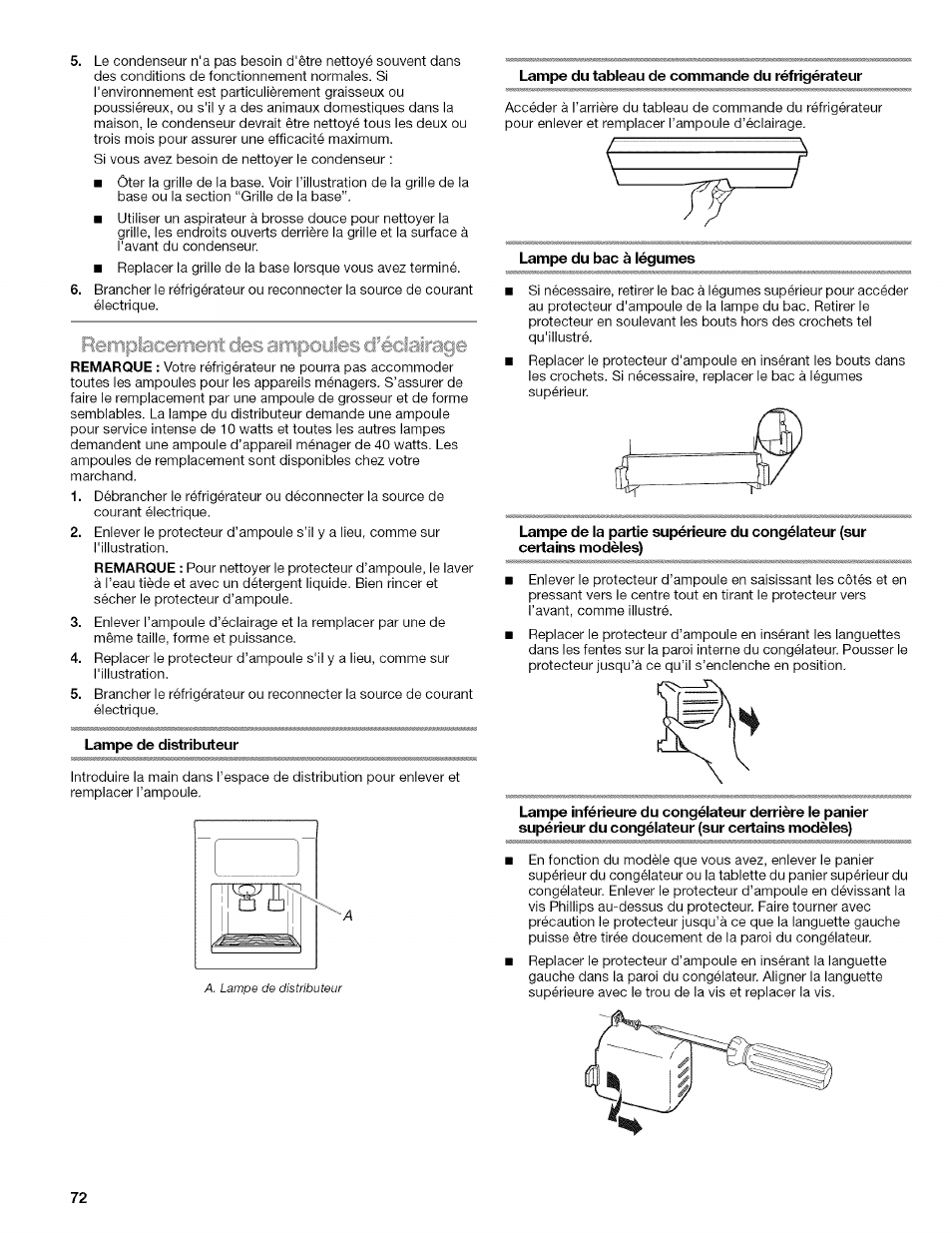 Lampe de distributeur, Lampe du tableau de commande du réfrigérateur, Lampe du bac à légumes | Rempiacemerïl des ampoules ci^éclairage | Kenmore WI0151336A User Manual | Page 72 / 80