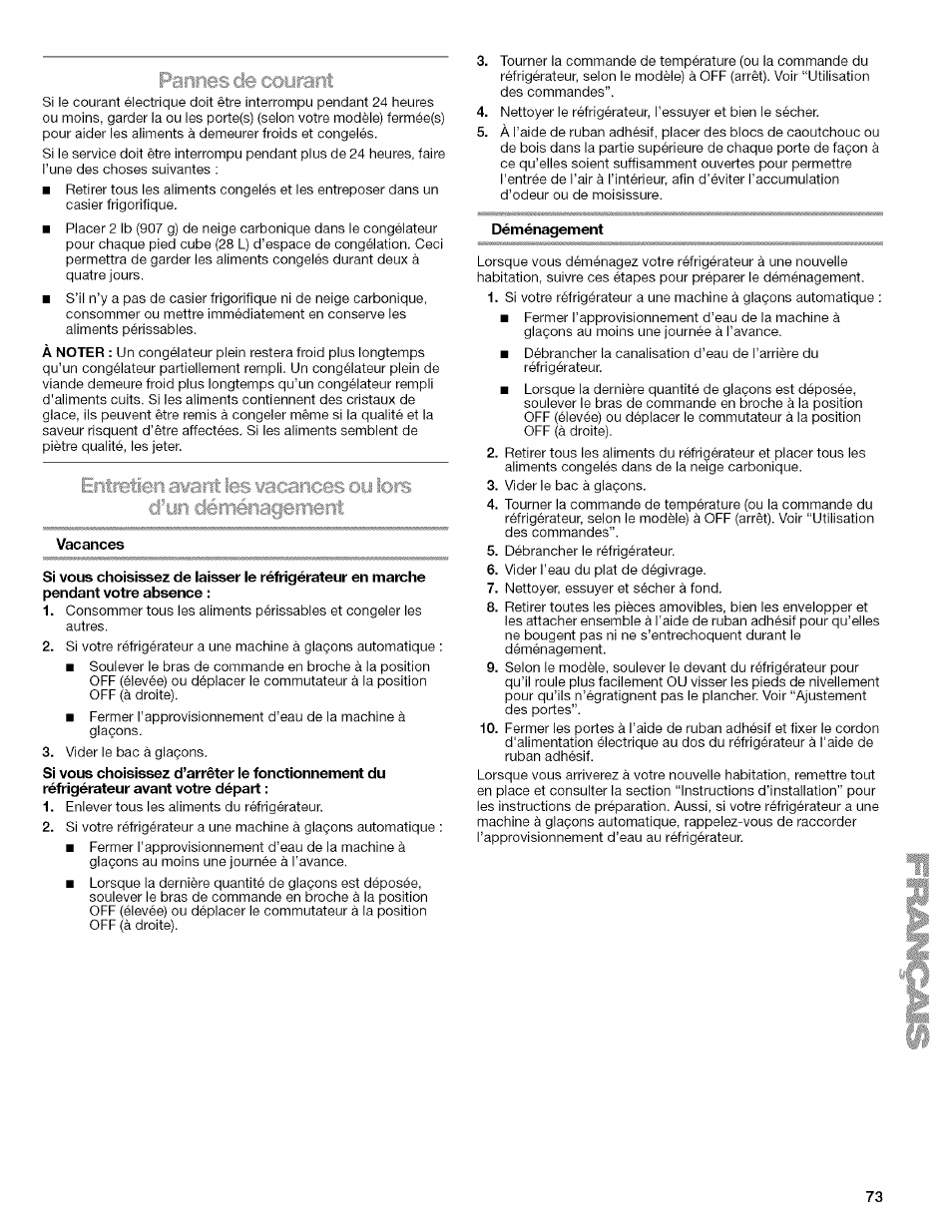 Vacances, Déménagement | Kenmore WI0151336A User Manual | Page 73 / 80