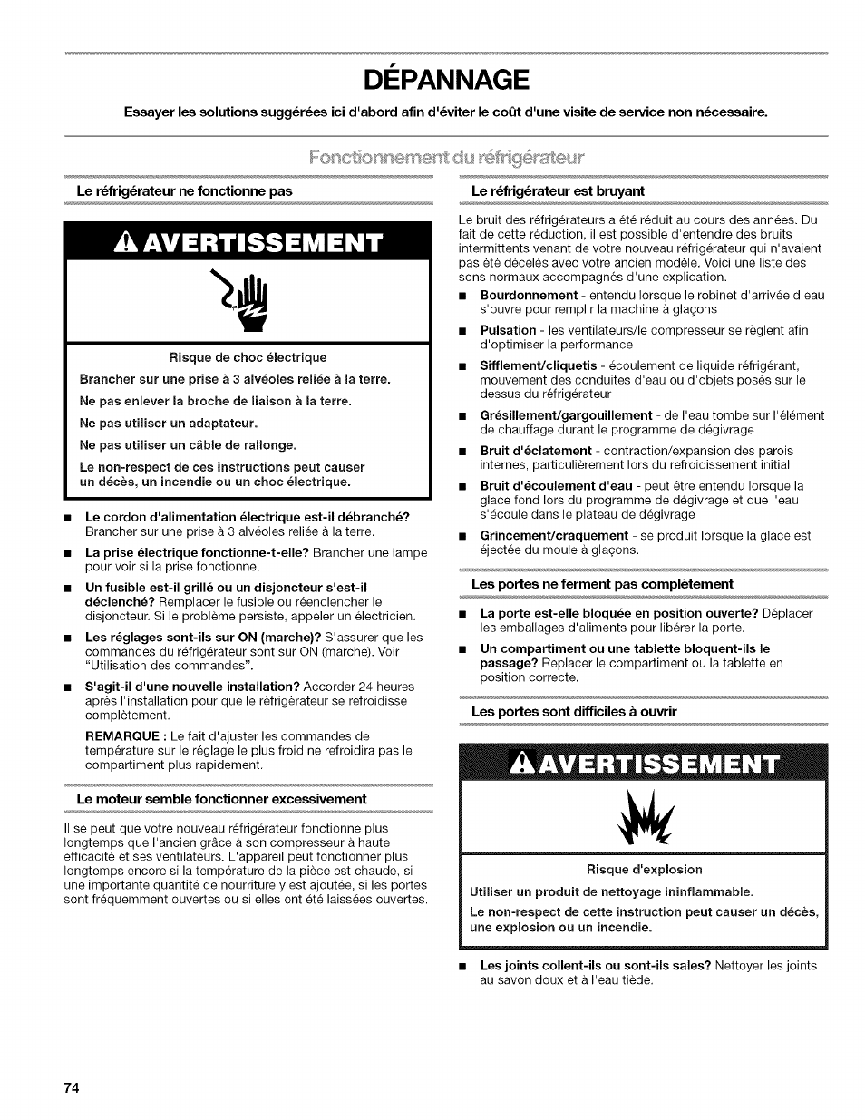 Depannage, Le réfrigérateur ne fonctionne pas, Le moteur semble fonctionner excessivement | Le réfrigérateur est bruyant, Les portes ne ferment pas complètement, Risque d'explosion, Dépannage, A avertissement, Fcinctionnemerît cly rifrigérateur | Kenmore WI0151336A User Manual | Page 74 / 80