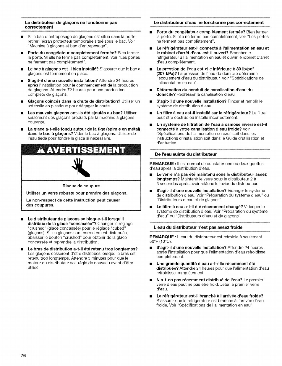 De l'eau suinte du distributeur, L'eau du distributeur n'est pas assez froide | Kenmore WI0151336A User Manual | Page 76 / 80