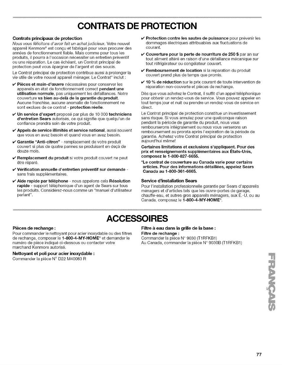 Contrats de protection, Contrats principaux de protection, Service d'installation sears | Accessoires, Pièces de rechange, Filtre à eau dans la grille de la base | Kenmore WI0151336A User Manual | Page 77 / 80