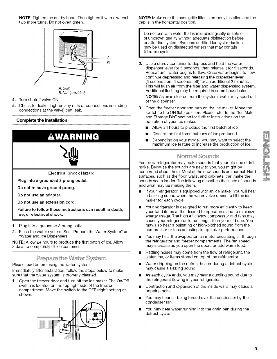 Awarning, Prepare the water sy^em, Ncirmai sciuncis | Kenmore WI0151336A User Manual | Page 9 / 80