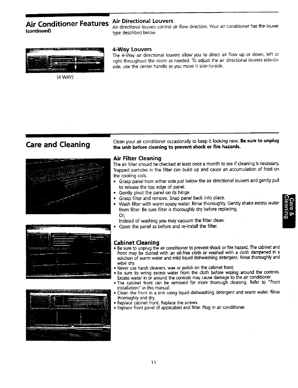 Aif r^rihitinnor ppatiirpc directional louvers, Way louvers, Care and cleaning | Air filter cleaning, Cabinet cleaning | Kenmore 309000845 User Manual | Page 11 / 14