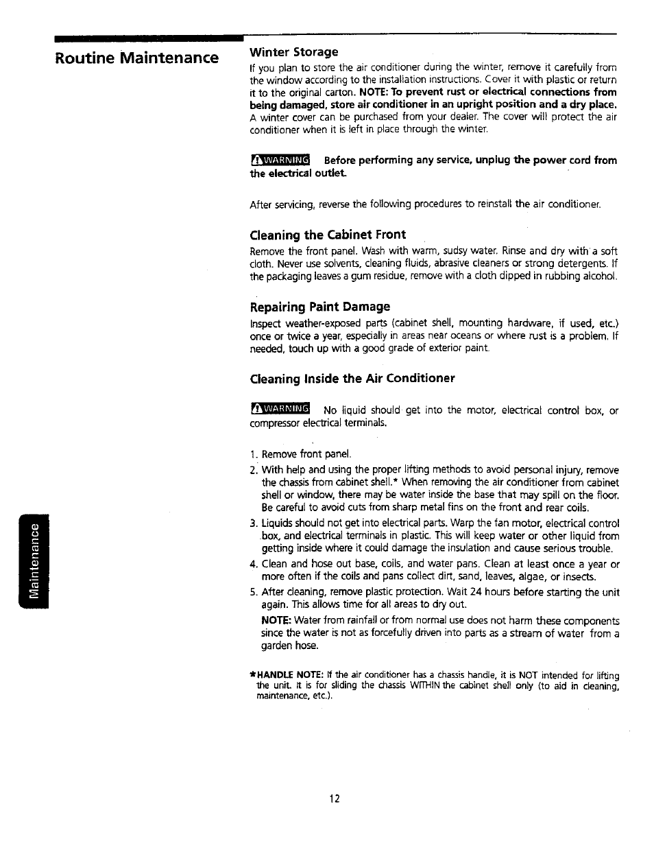 Routine maintenance, Winter storage, Cleaning the cabinet front | Repairing paint damage, Cleaning inside the air conditioner | Kenmore 309000845 User Manual | Page 12 / 14