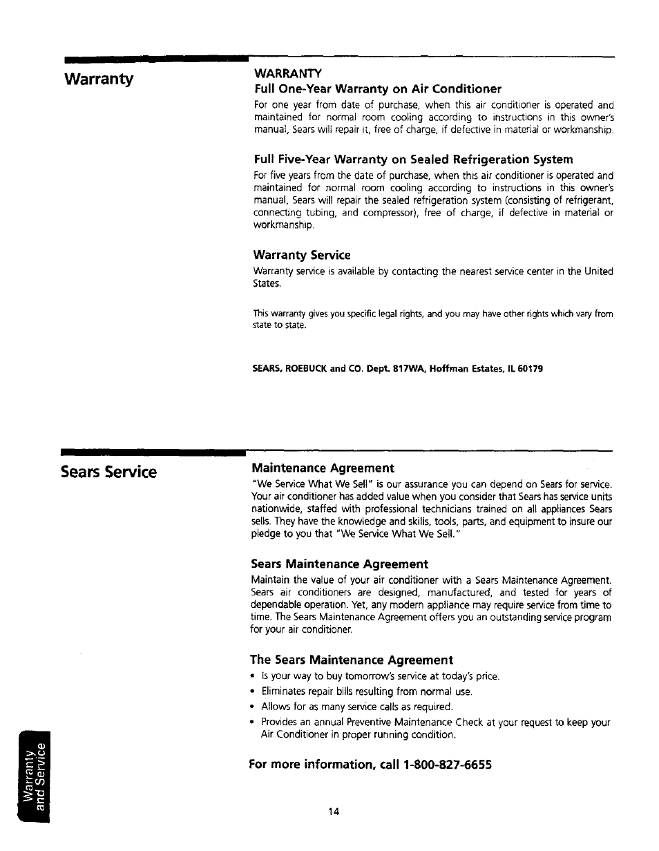 Warranty, Full one-year warranty on air conditioner, Warranty service | Maintenance agreement, Sears maintenance agreement, The sears maintenance agreement, For more information, call 1-800-827-6655, Sears service | Kenmore 309000845 User Manual | Page 14 / 14