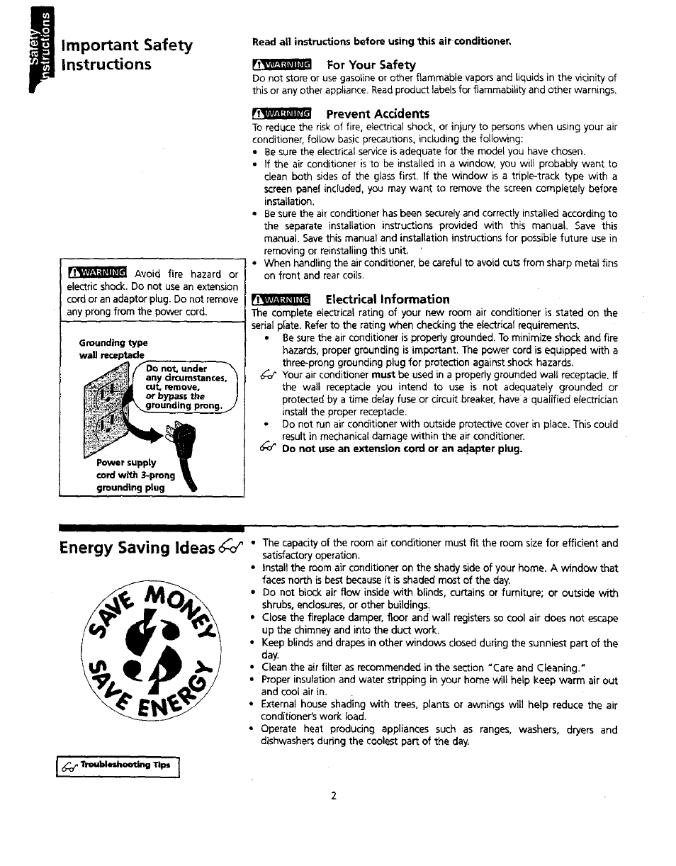 Important safety instructions, For your safety, N’tijafiiiuam prevent accidents | Osqzdsb electrical information, Energy saving ideas | Kenmore 309000845 User Manual | Page 2 / 14
