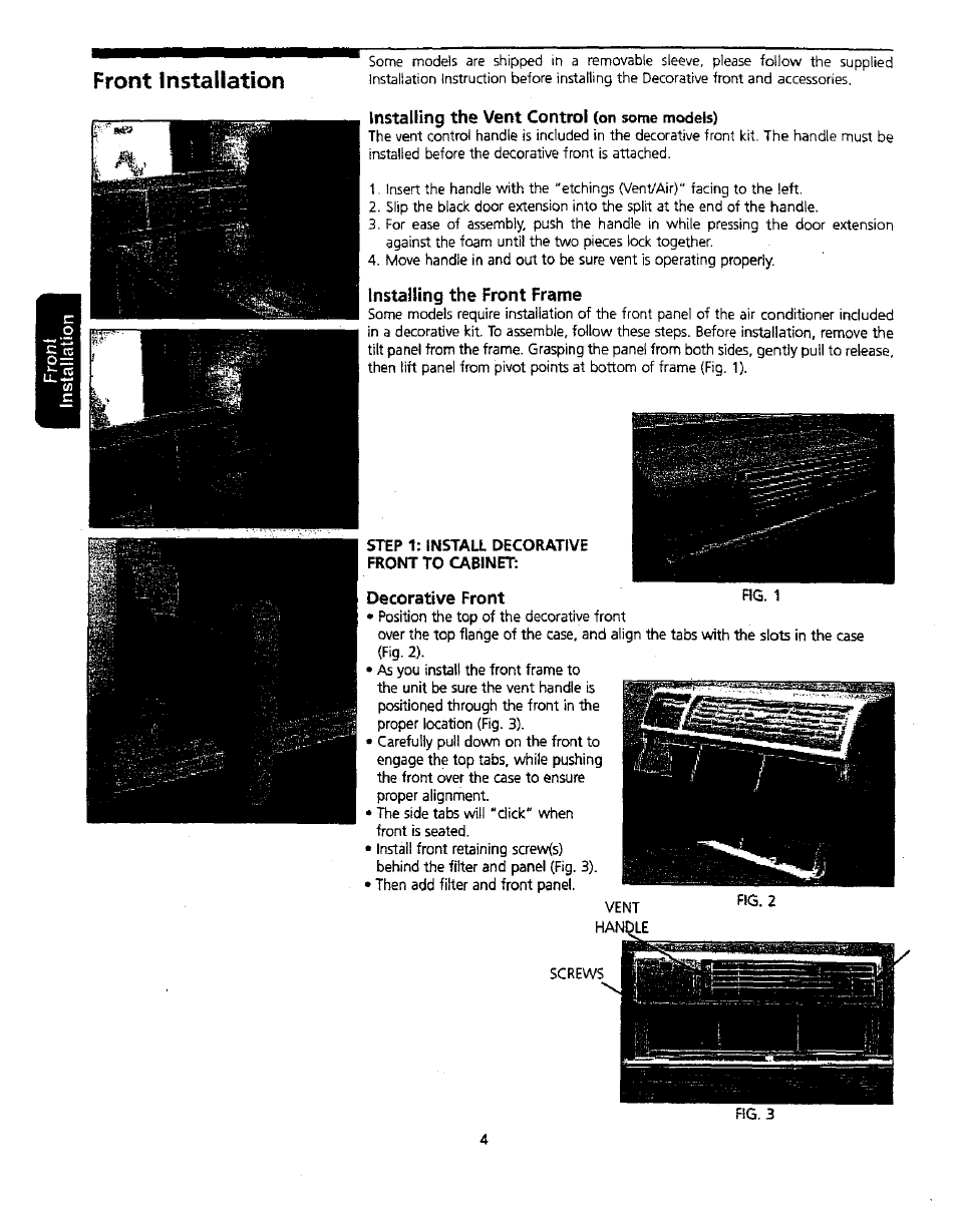 Installing the vent control (on some models), Installing the front frame, Decorative front | Front installation | Kenmore 309000845 User Manual | Page 4 / 14