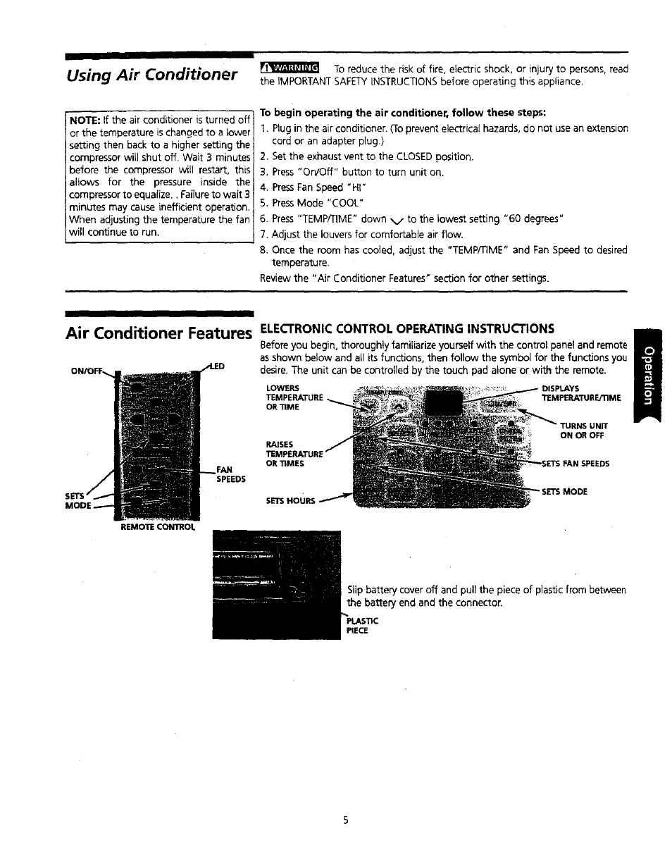 Electronic control operating instructions, Air conditioner features, Using air conditioner | Kenmore 309000845 User Manual | Page 5 / 14