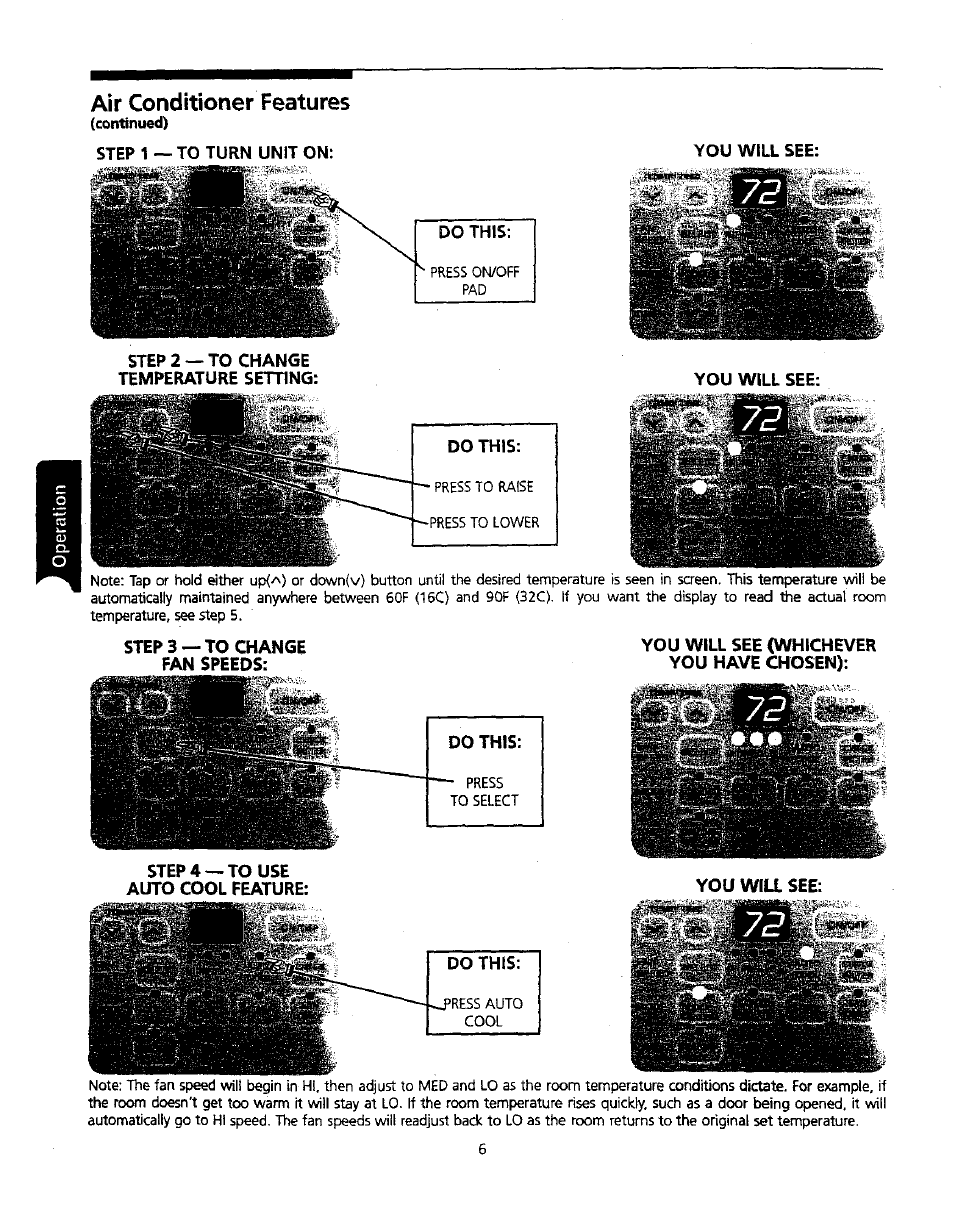 Air conditioner features, Step 1 — to turn unit on, Step 2 — to change temperature setting | You will see (whichever you have chosen), Step4 —touse auto cool feature | Kenmore 309000845 User Manual | Page 6 / 14