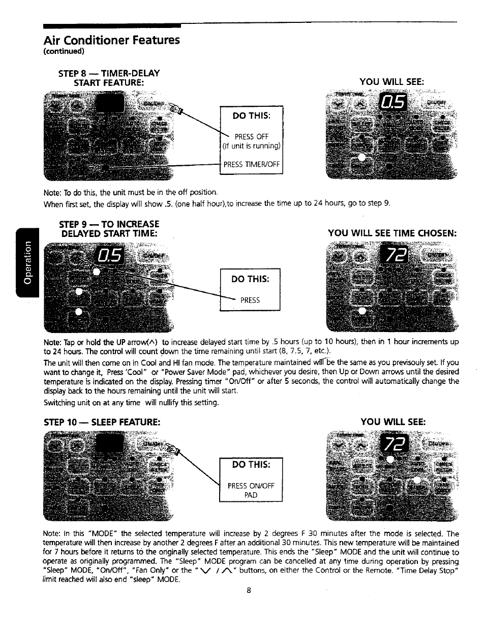 Air conditioner features, Step 8 ~ timer-delay start feature, You will see | Do this, Step 9 — to increase delayed start time, You will see time chosen, Step 10 — sleep feature | Kenmore 309000845 User Manual | Page 8 / 14