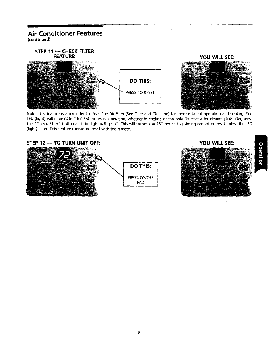 Air conditioner features, Step 11 — check filter feature, Step 12 — to turn unit off | Kenmore 309000845 User Manual | Page 9 / 14