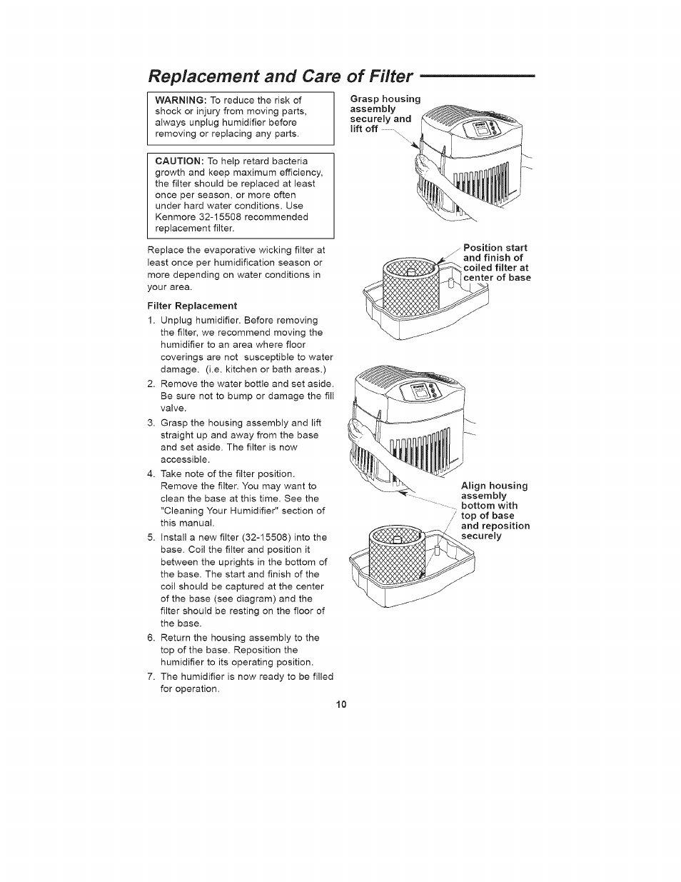 Care, Replacement and, Of filter | Kenmore 758.15408 User Manual | Page 10 / 32