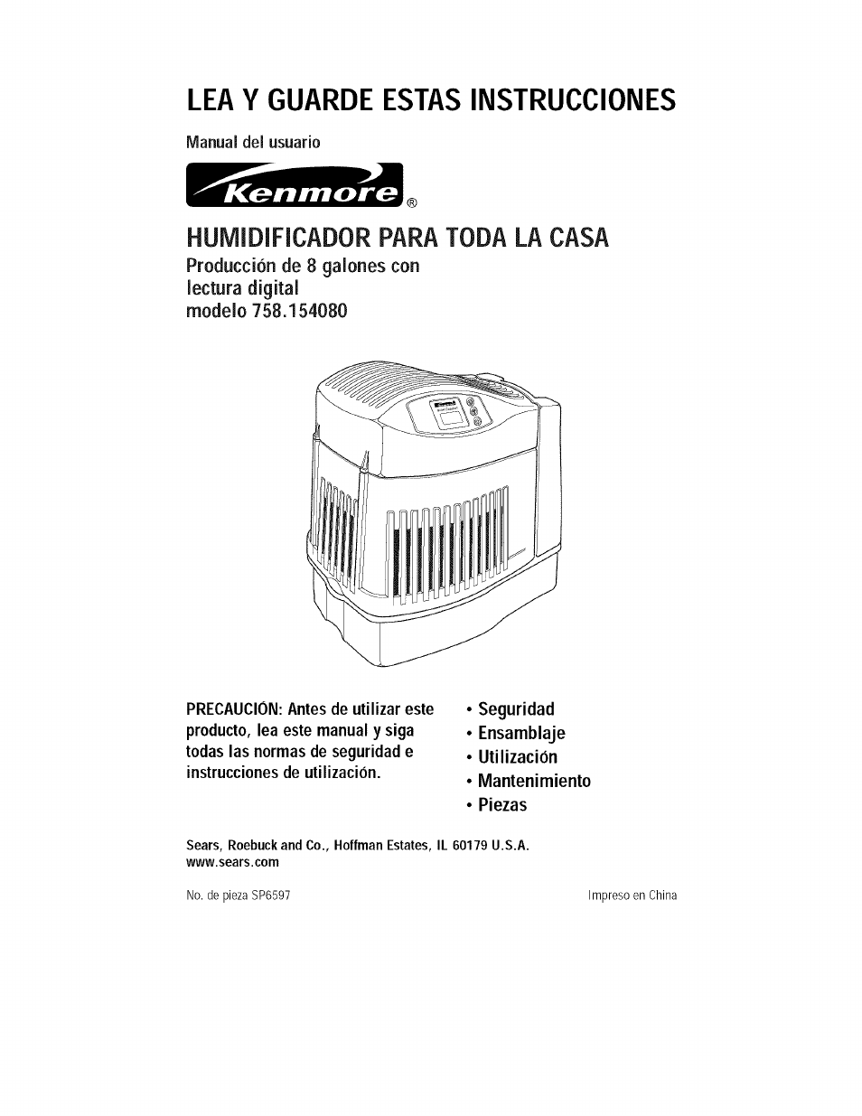 Humidiffgador para toda la casa, Lea y guarde estas instrucciones, Kenmore | Kenmore 758.15408 User Manual | Page 17 / 32