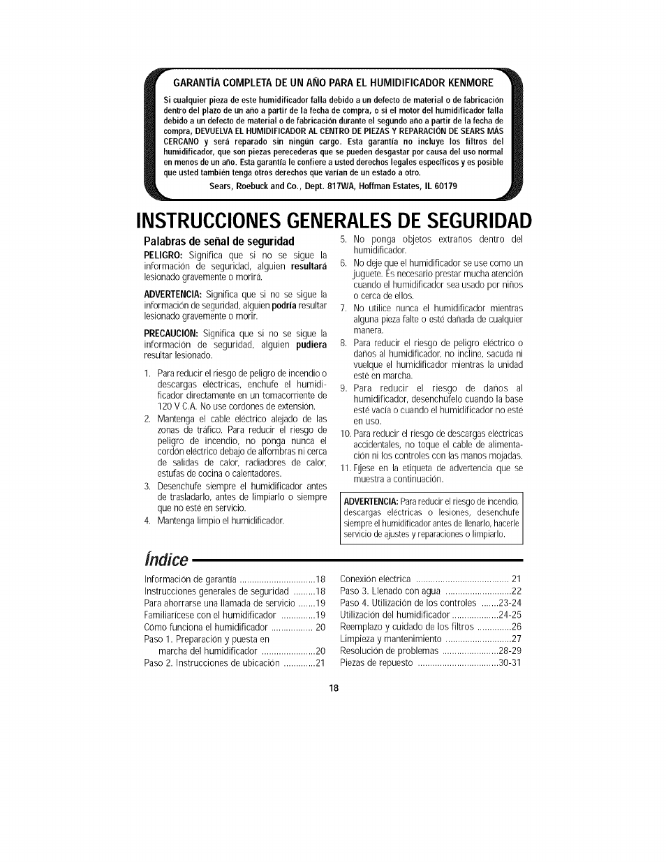 Instrucciones generales de seguridad, Indice, Palabras de señal de seguridad | Kenmore 758.15408 User Manual | Page 18 / 32