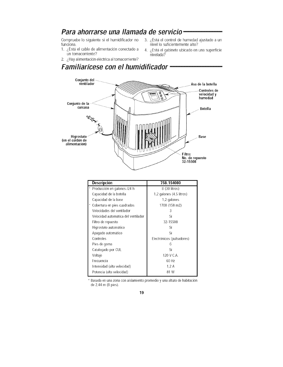 Para ahorrarse una llamada de serwiclo, Familiarícese con el humidificador | Kenmore 758.15408 User Manual | Page 19 / 32