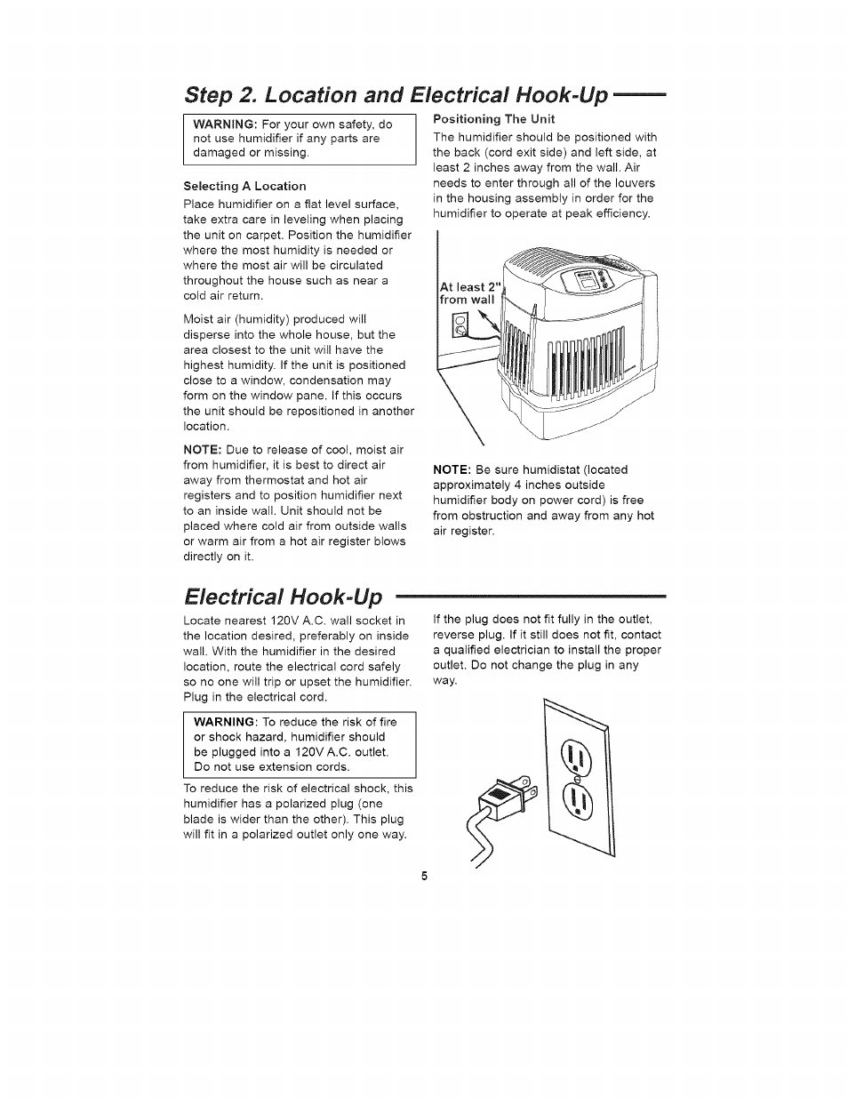 Step 2. location and electrical hook-up, Electrical hook-up | Kenmore 758.15408 User Manual | Page 5 / 32