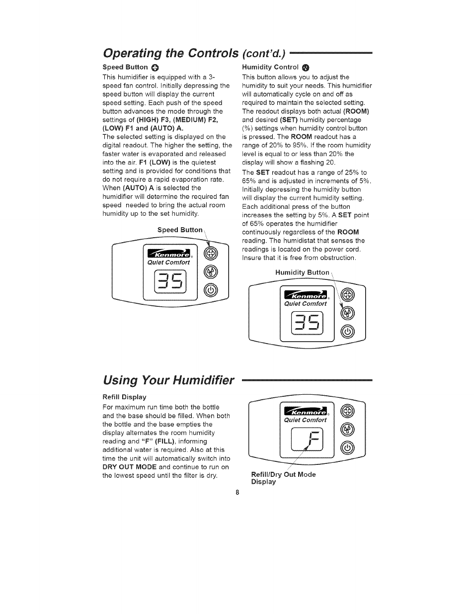 Operating, Controls (cont’d.), Using your humidifier | Kenmore 758.15408 User Manual | Page 8 / 32