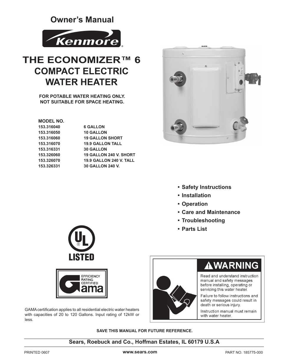 Kenmore The Economizer(TM) 6 Compact Electric 153.31604 User Manual | 24 pages