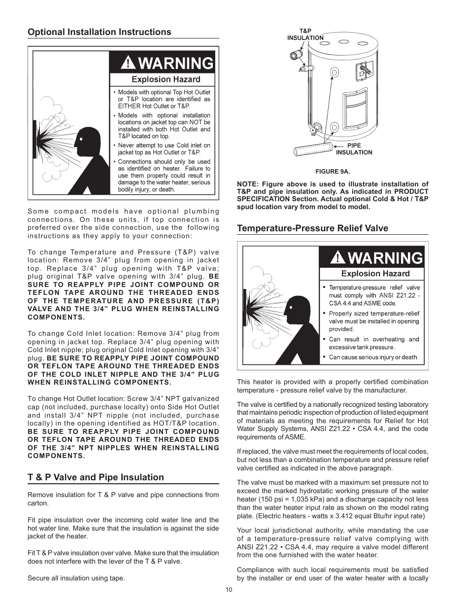 Optional installation instructions, T & p valve and pipe insulation, Temperature-pressure relief valve | Kenmore The Economizer(TM) 6 Compact Electric 153.31604 User Manual | Page 10 / 24