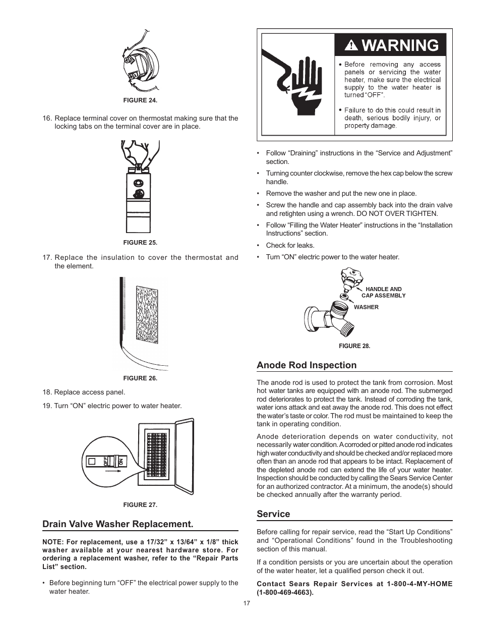 Drain valve washer replacement, Anode rod inspection, Service | Kenmore The Economizer(TM) 6 Compact Electric 153.31604 User Manual | Page 17 / 24