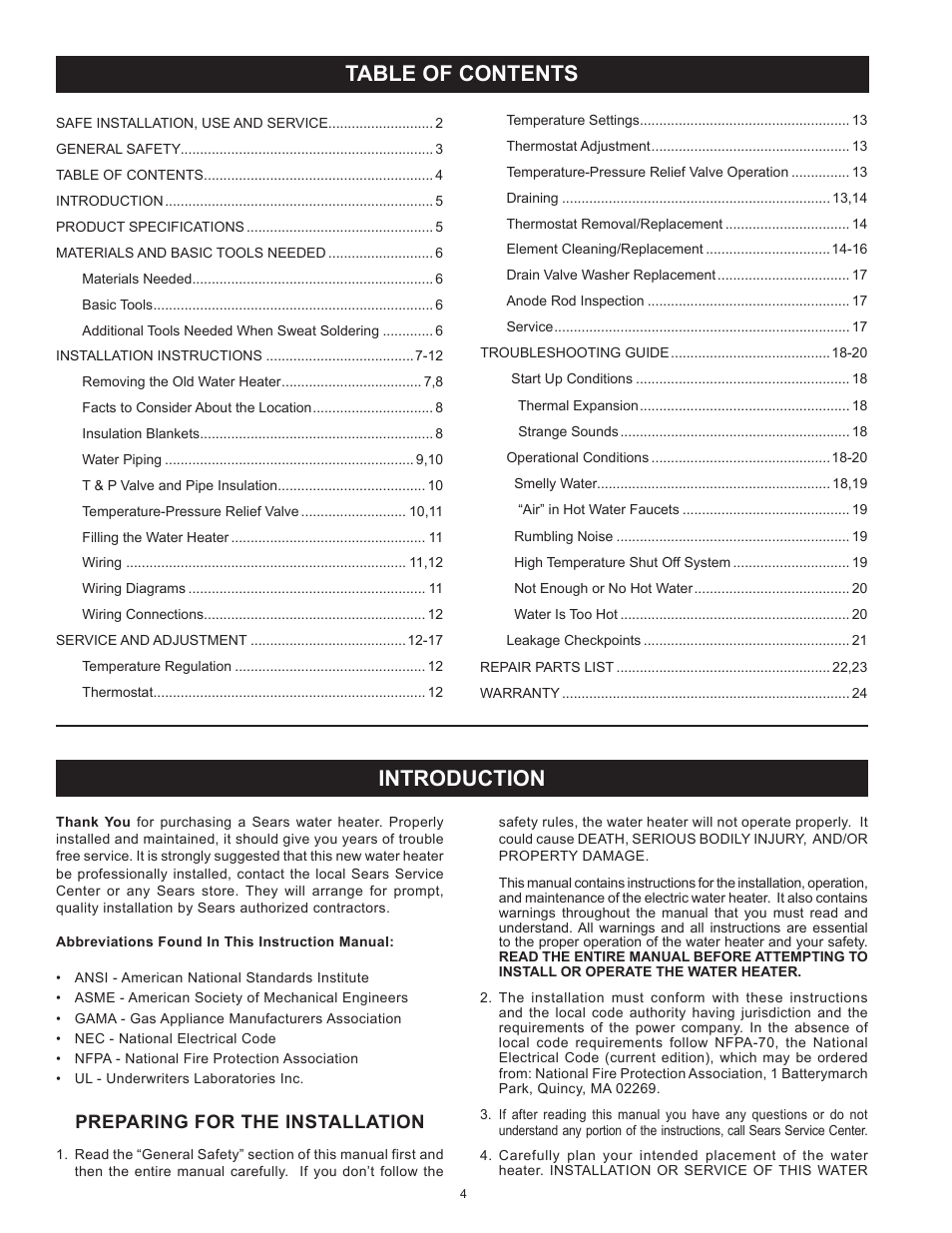 Introduction table of contents, Preparing for the installation | Kenmore The Economizer(TM) 6 Compact Electric 153.31604 User Manual | Page 4 / 24