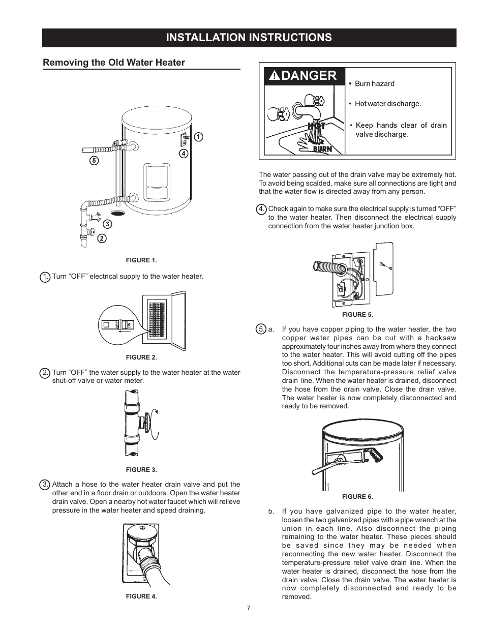 Installation instructions, Removing the old water heater | Kenmore The Economizer(TM) 6 Compact Electric 153.31604 User Manual | Page 7 / 24