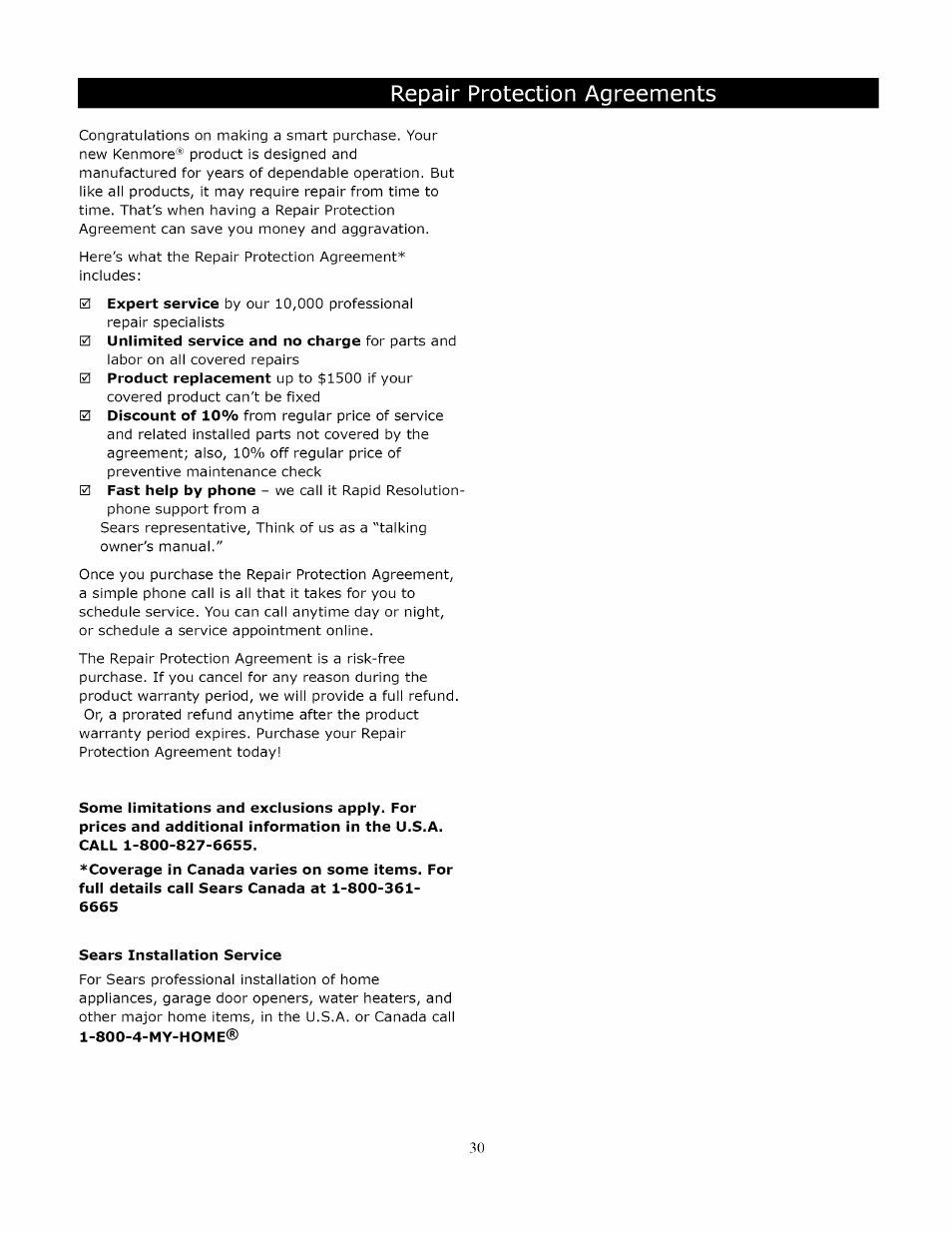 Repair protection agreements | Kenmore 119.1643301 User Manual | Page 30 / 31