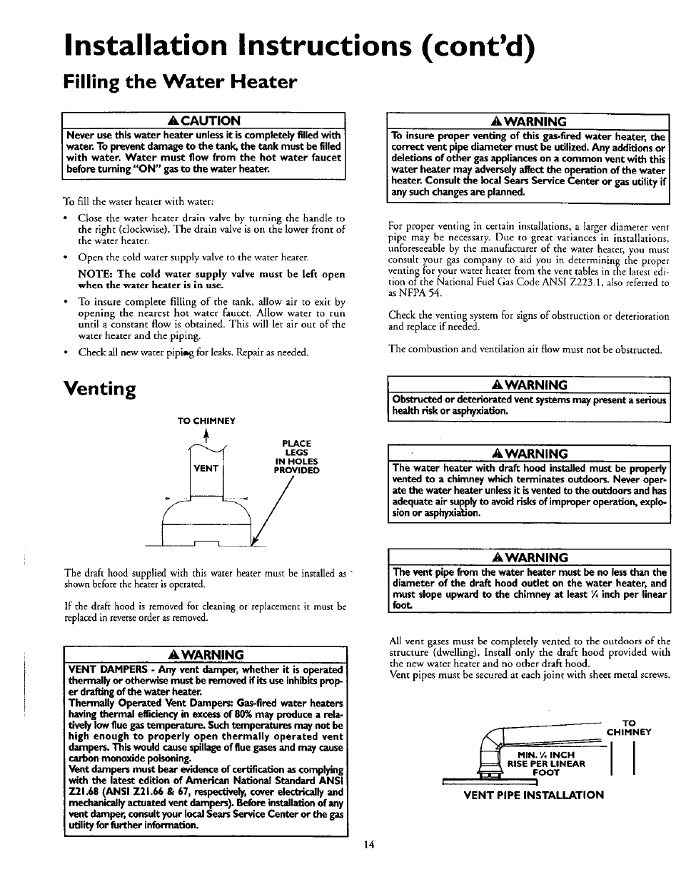 A caution, Awarning, Venting | Venting -15, Installation instructions (cont’d), Filling the water heater | Kenmore 153.337002 User Manual | Page 14 / 32