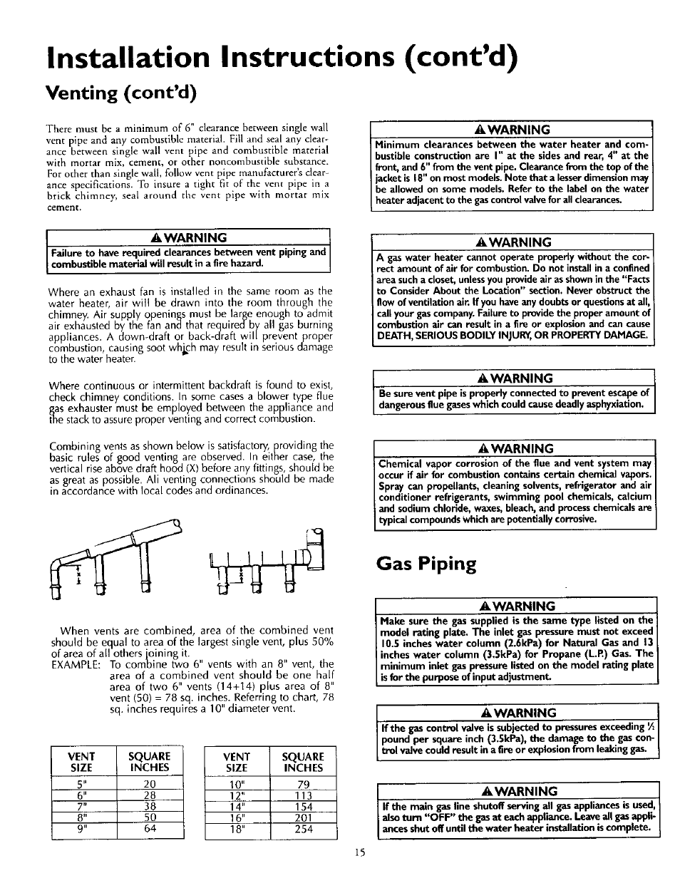 Awarning, Gas piping, Gas piping -16 | Installation instructions (cont’d), Venting (cont'd) | Kenmore 153.337002 User Manual | Page 15 / 32