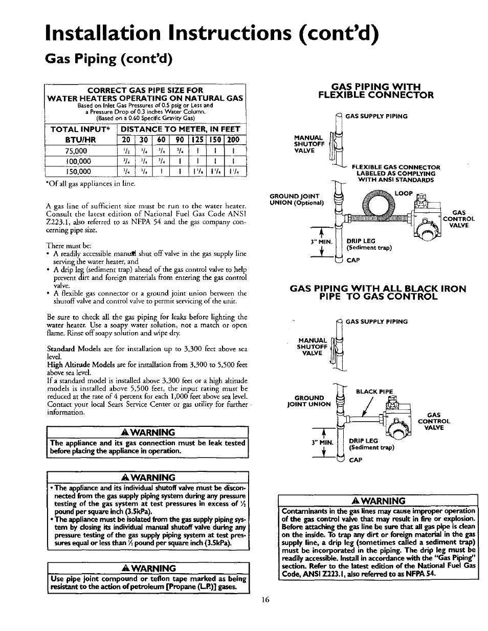 Awarning, Gas piping with flexible connector, Gas piping with all black iron pipe to gas control | Installation instructions (cont’d), Gas piping (cont’d) | Kenmore 153.337002 User Manual | Page 16 / 32