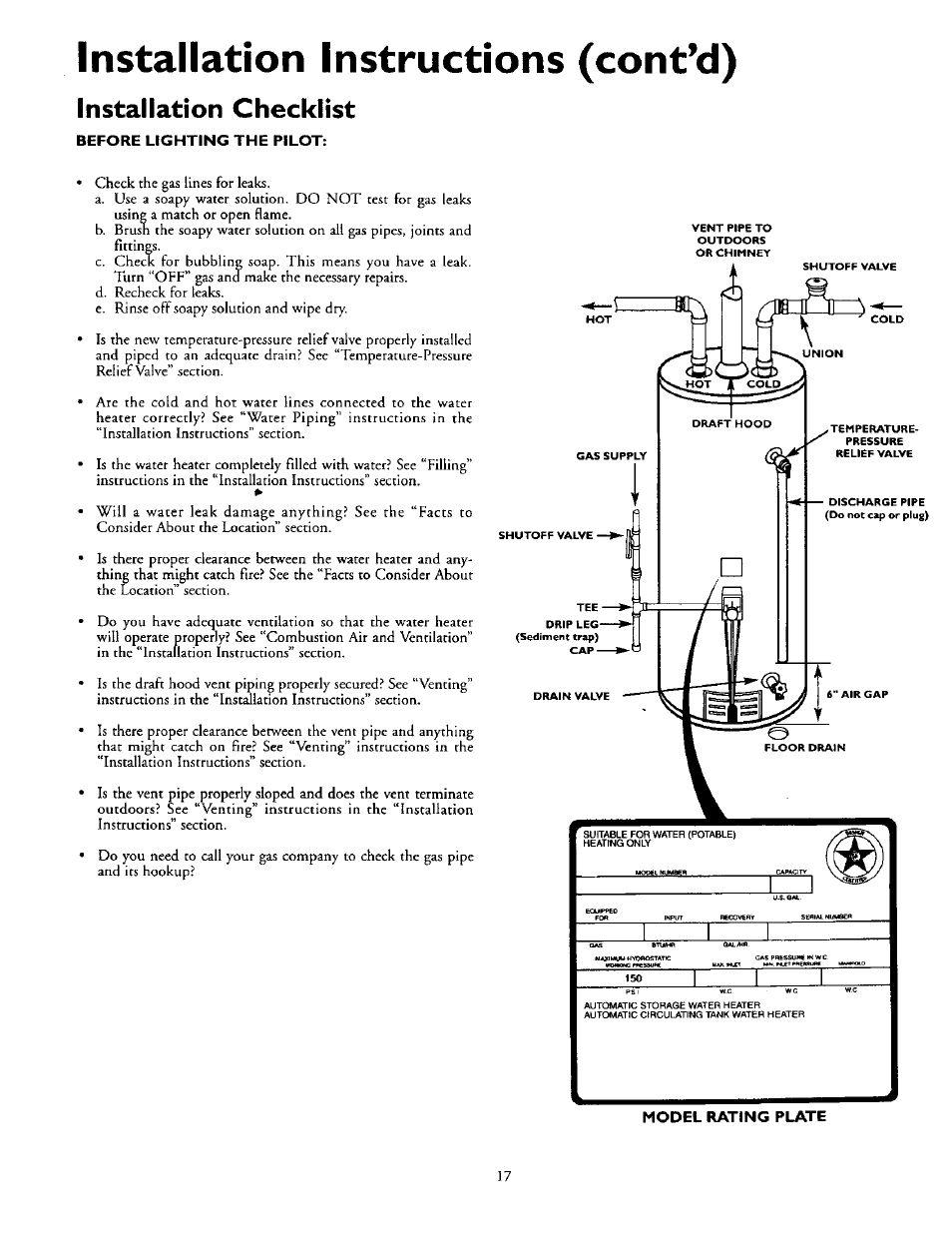 Installation checklist, Installation instructions (cont’d) | Kenmore 153.337002 User Manual | Page 17 / 32