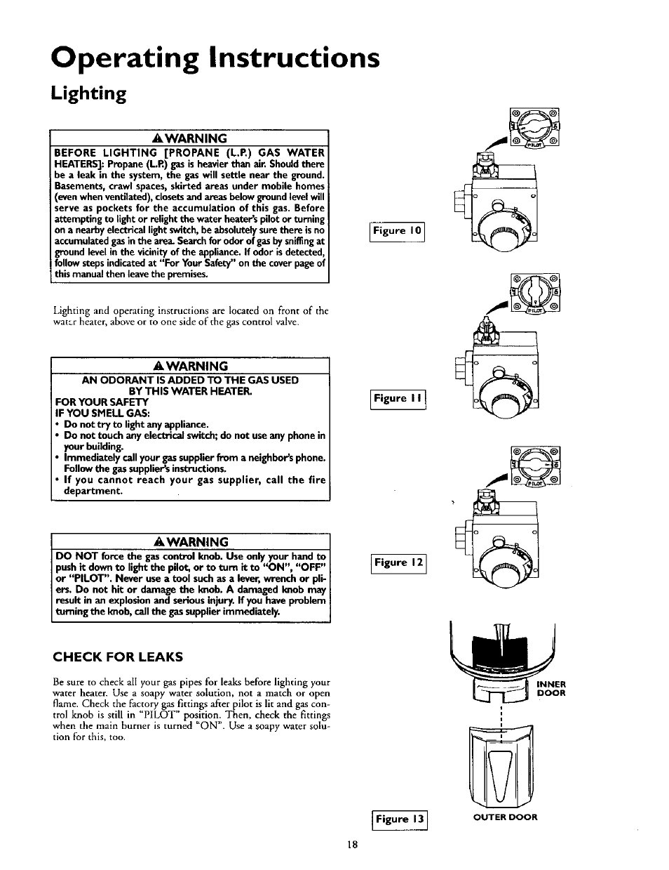 Operating instructions, Lighting, Awarning | Check for leaks, Lighting -19 | Kenmore 153.337002 User Manual | Page 18 / 32