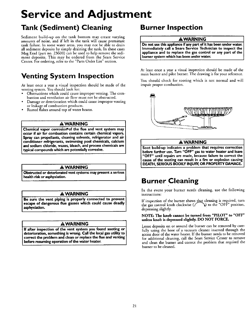 Service and adjustment, Tank (sediment) cleaning, Venting system inspection | Awarning, Burner inspection, Burner cleaning, Tank (sediment) cleaning venting system inspection, Burner inspection butner cleaning | Kenmore 153.337002 User Manual | Page 21 / 32