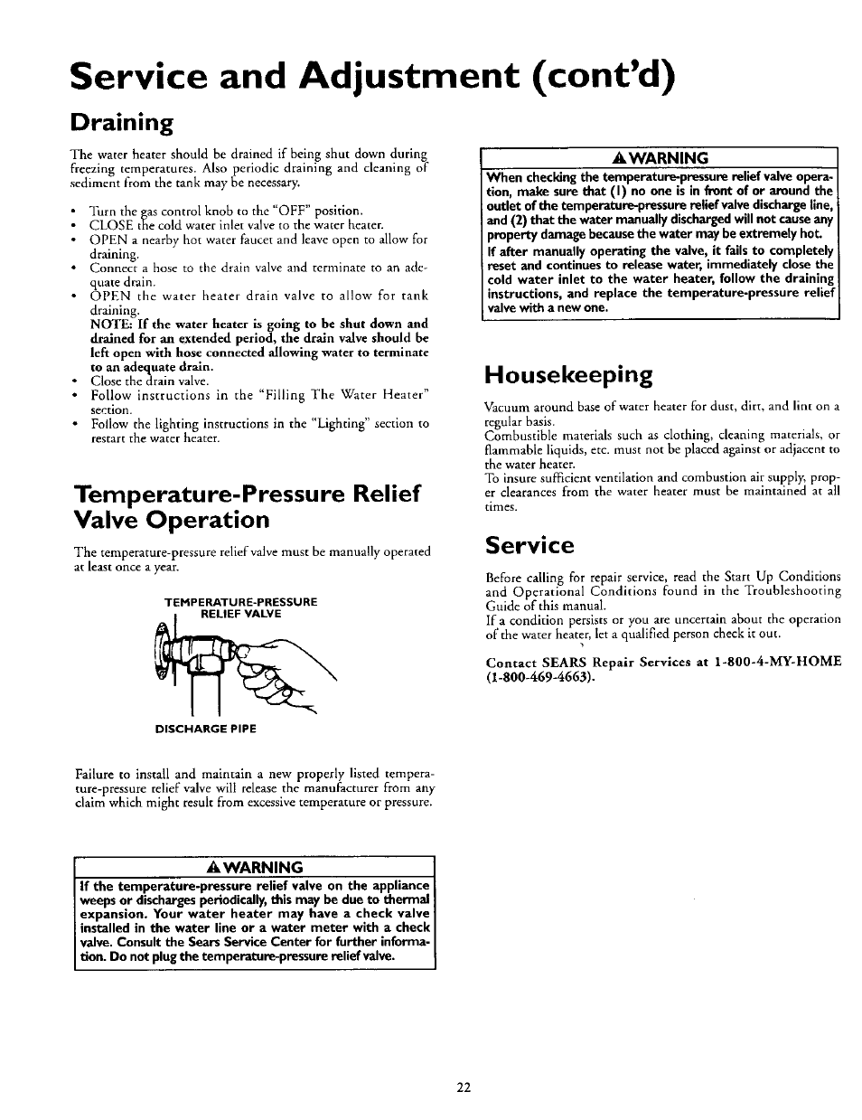 Service and adjustment (cont’d), Draining, Temperature-pressure relief valve operation | Housekeeping, Service, Awarning, Housekeeping service | Kenmore 153.337002 User Manual | Page 22 / 32