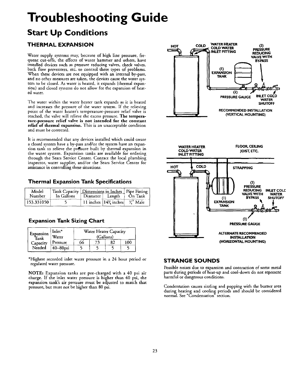 Start up conditions, Thermal expansion, Thermal expansion tank specifications | Expansion tank sizing chart, Strange sounds, Thermal expansion strange sounds, Troubleshooting guide | Kenmore 153.337002 User Manual | Page 23 / 32