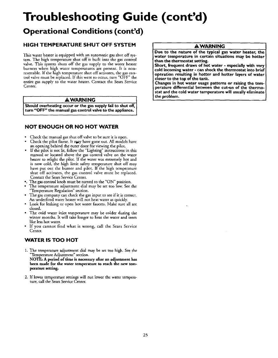 Troubleshooting guide (cont’d), Operational conditions (cont’d), High temperature shut off system | Not enough or no hot water, Water is too hot, Troubleshooting guide | Kenmore 153.337002 User Manual | Page 25 / 32