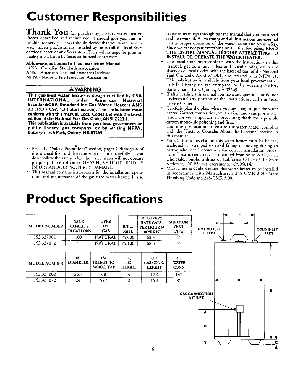 Customer responsibilities, Product specifications, Awarning | Kenmore 153.337002 User Manual | Page 6 / 32