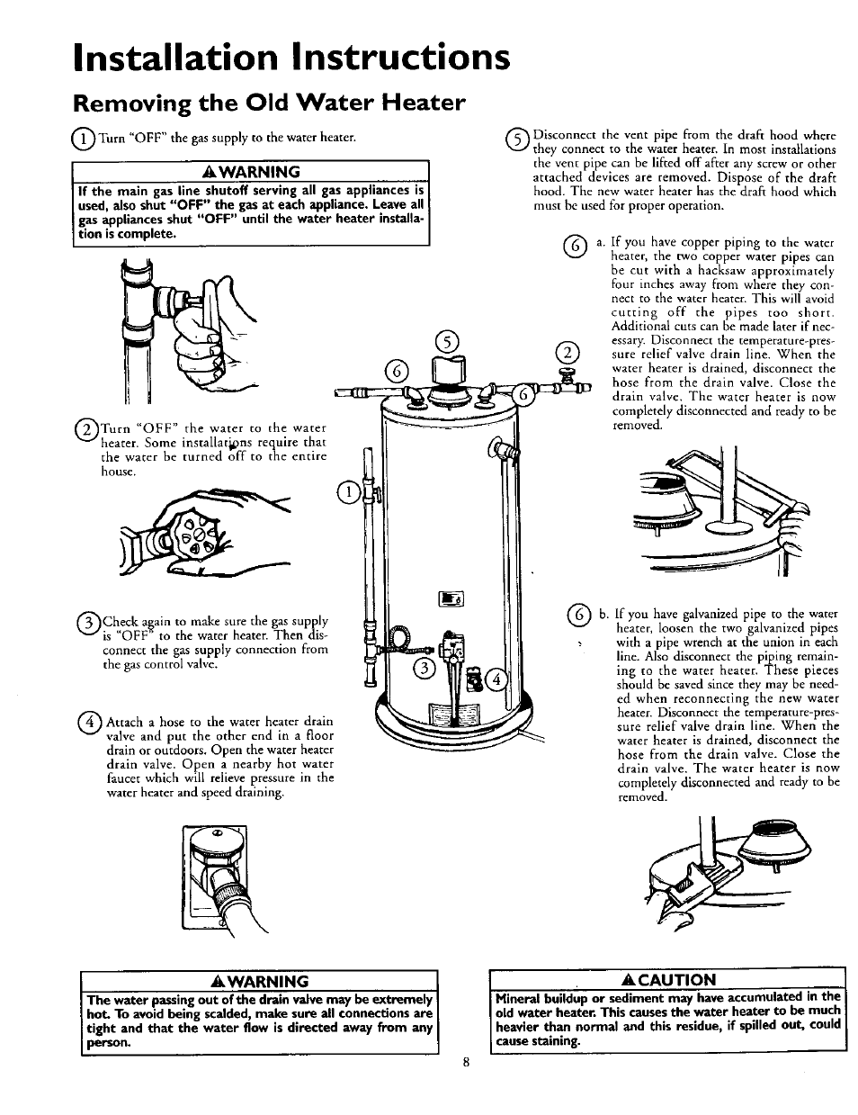 Removing the old water heater, Awarning, Removing die old water heater | Installation instructions | Kenmore 153.337002 User Manual | Page 8 / 32