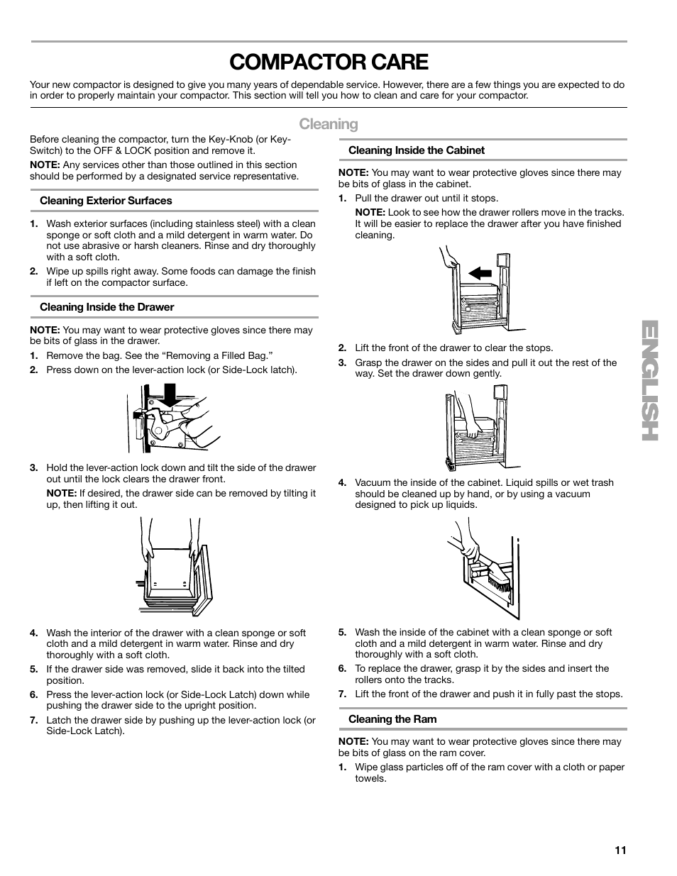 Compactor care, Cleaning | Kenmore 665.1363 User Manual | Page 11 / 12