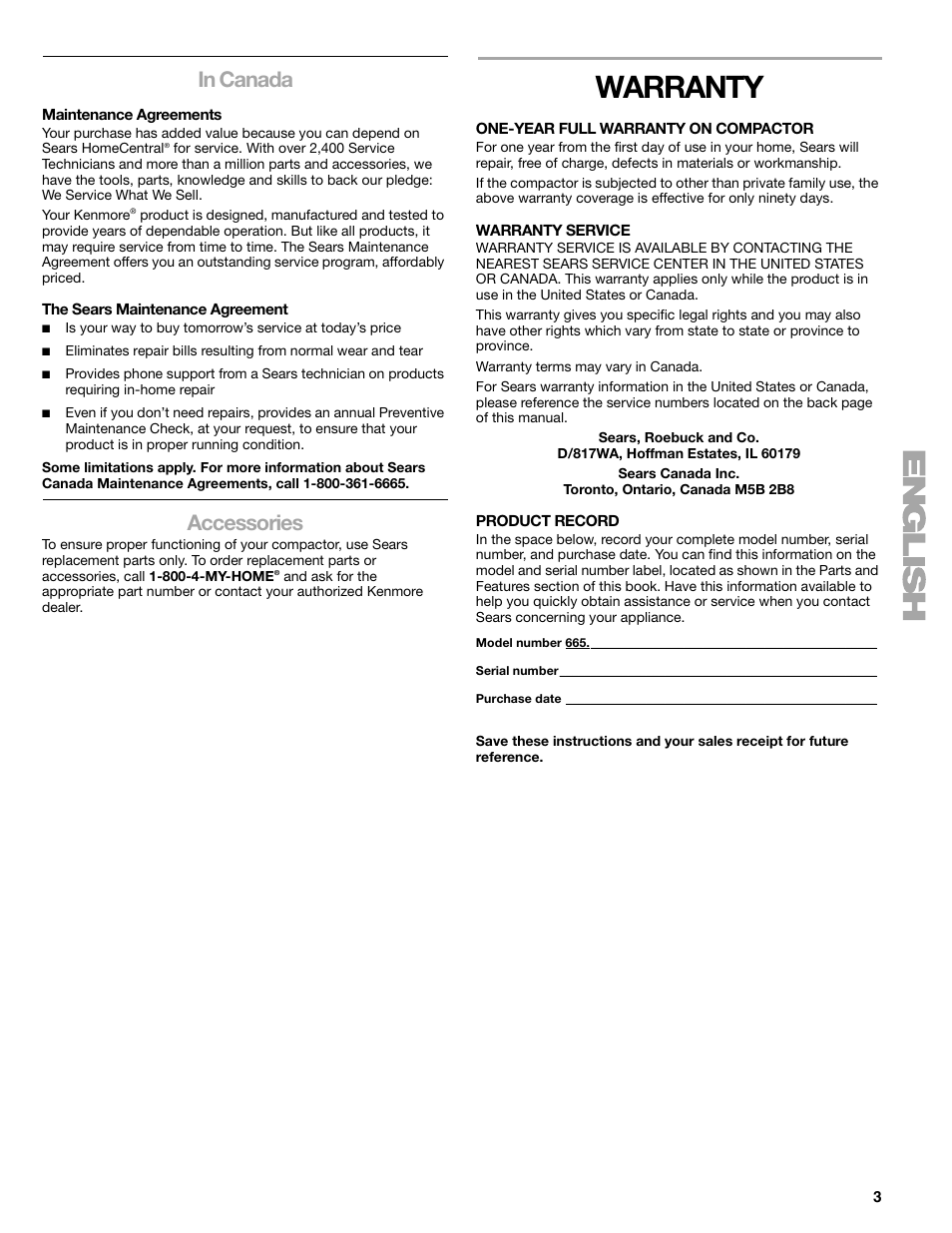 Warranty, Accessories | Kenmore 665.1363 User Manual | Page 3 / 12