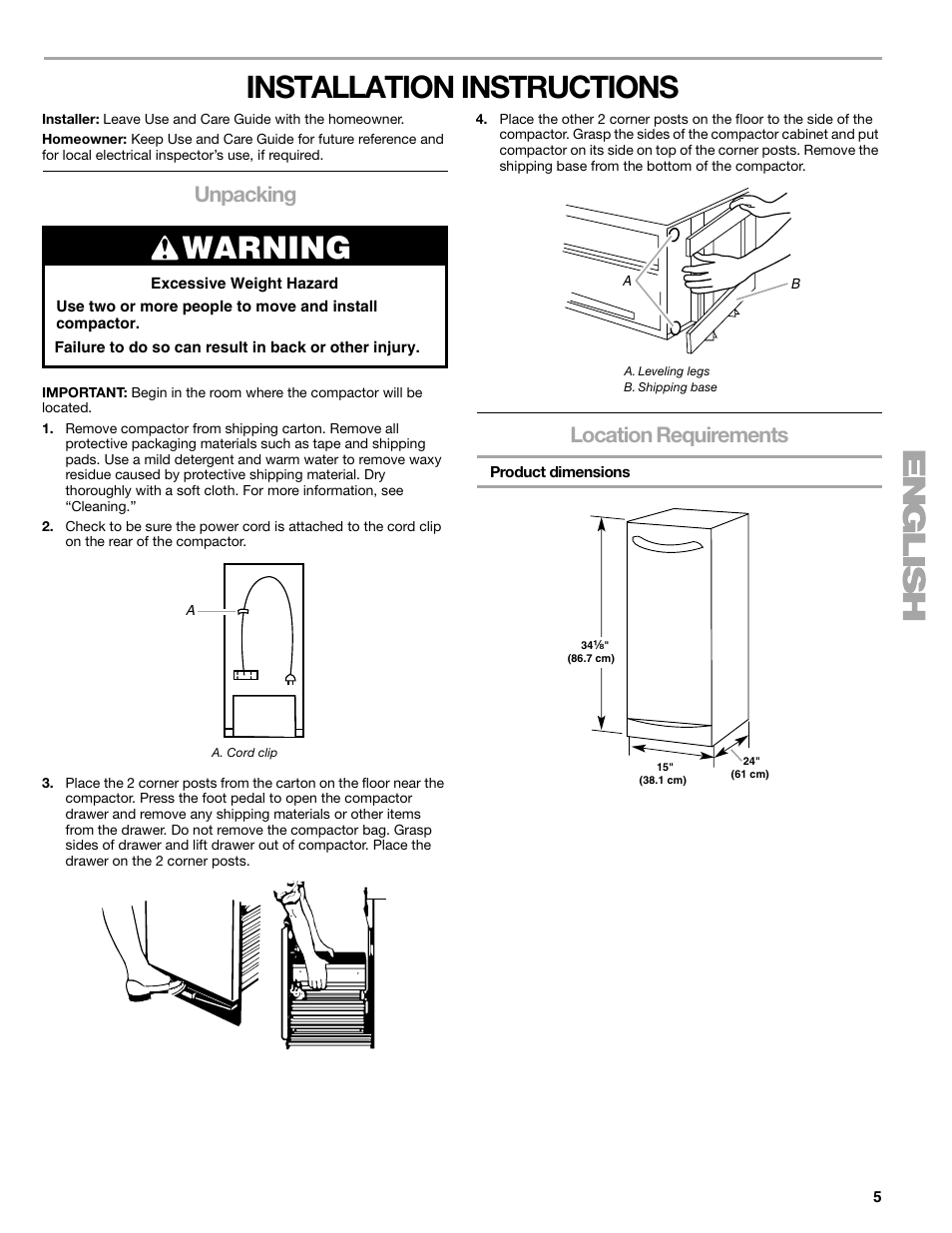 Installation instructions, Warning, Unpacking | Location requirements | Kenmore 665.1363 User Manual | Page 5 / 12