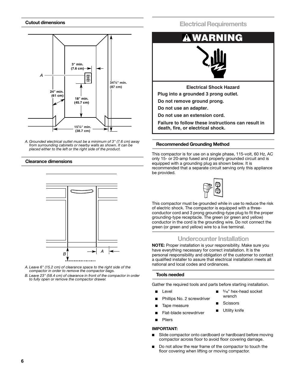 Warning, Electrical requirements, Undercounter installation | Kenmore 665.1363 User Manual | Page 6 / 12