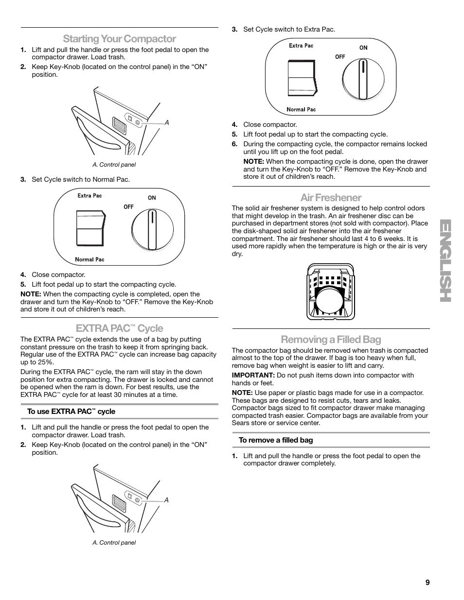 Starting your compactor, Extra pac, Cycle | Air freshener, Removing a filled bag | Kenmore 665.1363 User Manual | Page 9 / 12