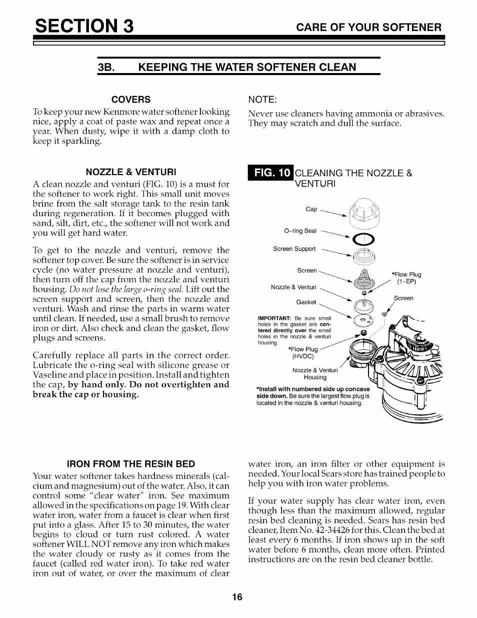 Keeping the water softener clean, Covers, Nozzle & venturi | Iron from the resin bed, Fig. 10 | Kenmore 625.3486 User Manual | Page 16 / 32