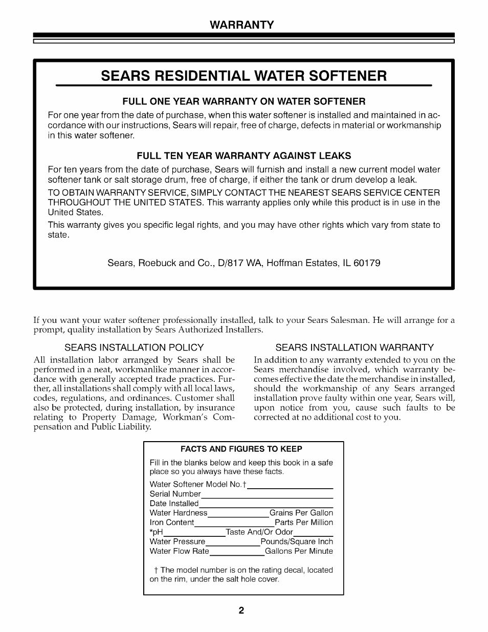 Warranty, Full one year warranty on water softener, Full ten year warranty against leaks | Sears residential w/vter softener | Kenmore 625.3486 User Manual | Page 2 / 32