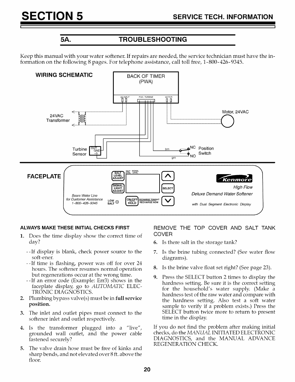 Troubleshooting, Faceplate, Always make these initial checks first | Service tech. information 5a. troubleshooting | Kenmore 625.3486 User Manual | Page 20 / 32