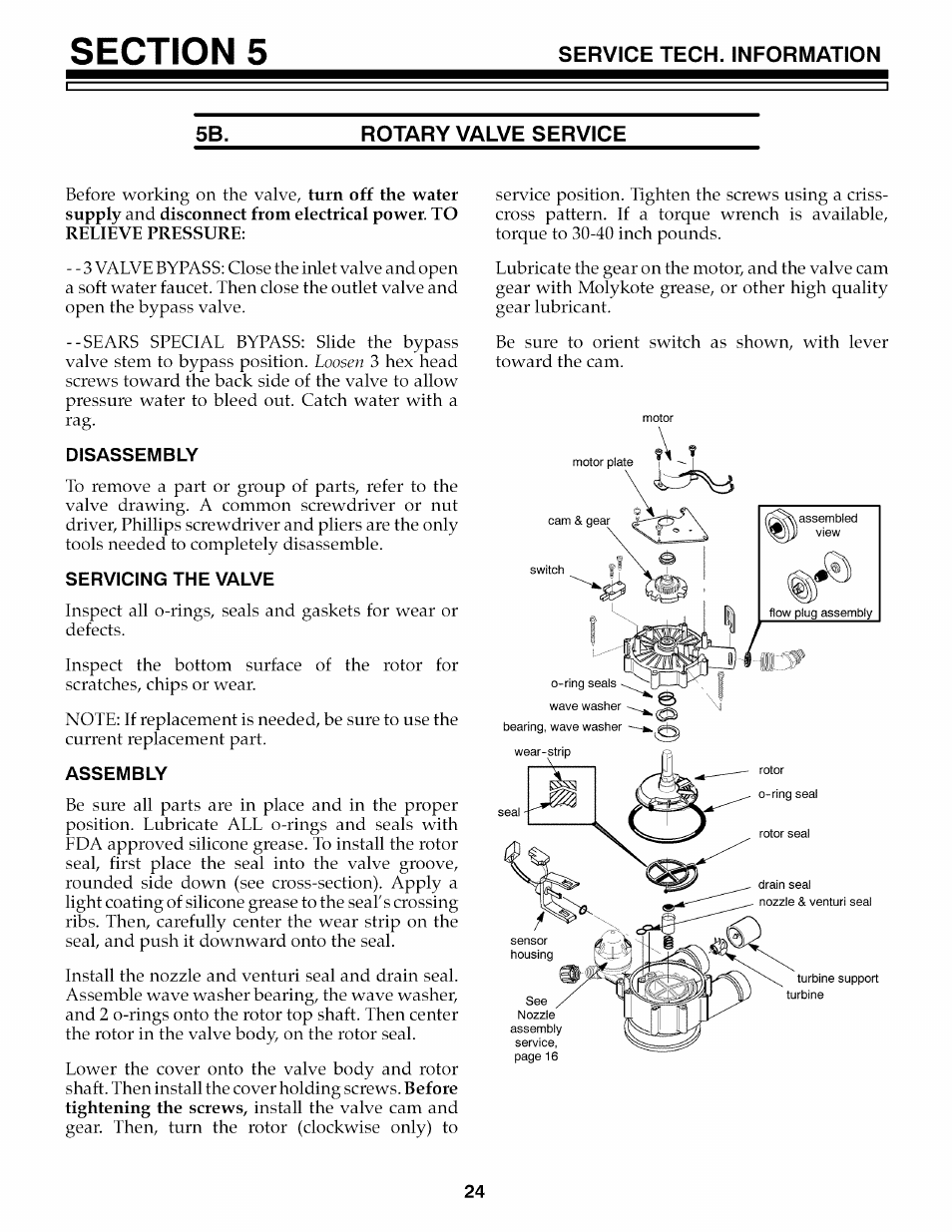 Rotary valve service, Disassembly, Servicing the valve | Assembly | Kenmore 625.3486 User Manual | Page 24 / 32