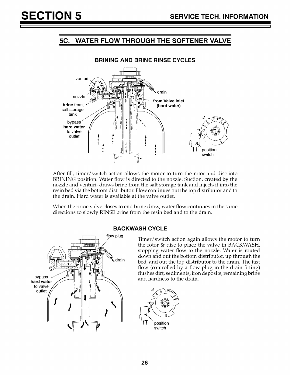 5c. water flow through the softener valve, Brining and brine rinse cycles, Backwash cycle | Kenmore 625.3486 User Manual | Page 26 / 32